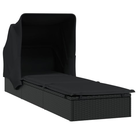 LEŻAK ZE SKŁADANYM DACHEM CZARNY 213X63X97CM POLIRATTAN