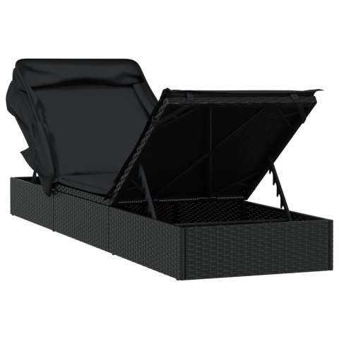 LEŻAK ZE SKŁADANYM DACHEM CZARNY 213X63X97CM POLIRATTAN