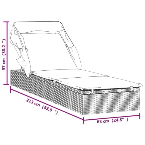 LEŻAK ZE SKŁADANYM DACHEM CZARNY 213X63X97CM POLIRATTAN