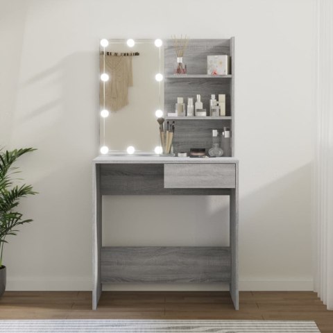 TOALETKA KOSMETYCZNA LUSTRO LED SZARY DĄB SONOMA 74,5 CM SZUFLADA PÓŁKI MAT