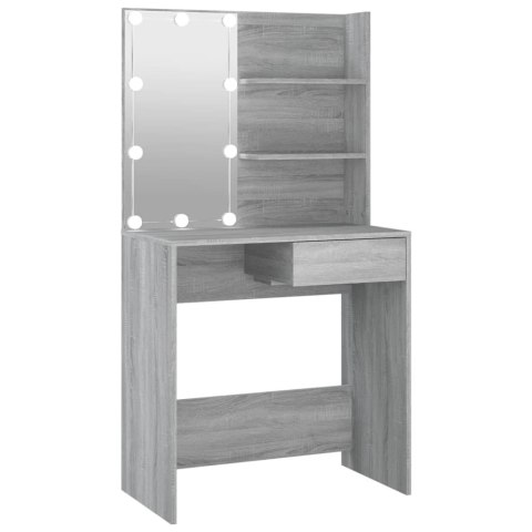 TOALETKA KOSMETYCZNA LUSTRO LED SZARY DĄB SONOMA 74,5 CM SZUFLADA PÓŁKI MAT