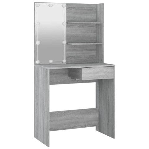 TOALETKA KOSMETYCZNA LUSTRO LED SZARY DĄB SONOMA 74,5 CM SZUFLADA PÓŁKI MAT