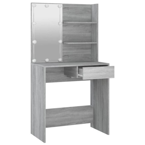 TOALETKA KOSMETYCZNA LUSTRO LED SZARY DĄB SONOMA 74,5 CM SZUFLADA PÓŁKI MAT
