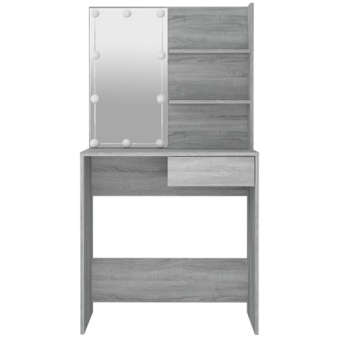 TOALETKA KOSMETYCZNA LUSTRO LED SZARY DĄB SONOMA 74,5 CM SZUFLADA PÓŁKI MAT