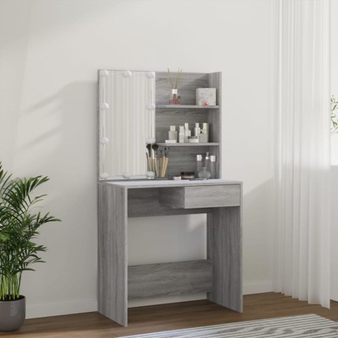 TOALETKA KOSMETYCZNA LUSTRO LED SZARY DĄB SONOMA 74,5 CM SZUFLADA PÓŁKI MAT