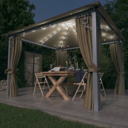 ALTANA OGRODOWA Z ZASŁONAMI I LAMPKAMI LED 3X3M TAUPE ALUMINIUM