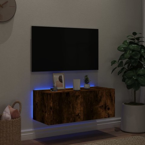 ŚCIENNA SZAFKA TV Z LED PRZYDYMIONY DĄB 80X35X31CM
