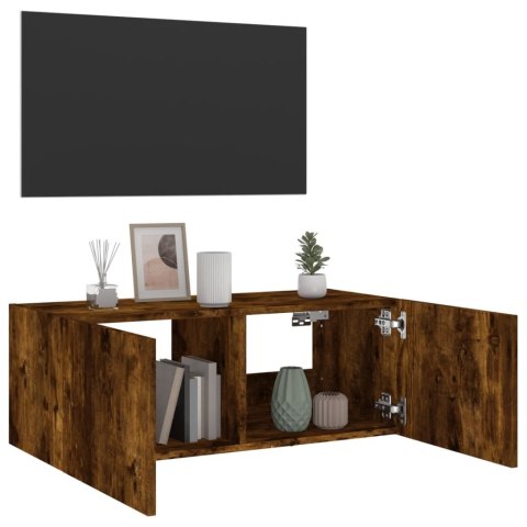 ŚCIENNA SZAFKA TV Z LED PRZYDYMIONY DĄB 80X35X31CM