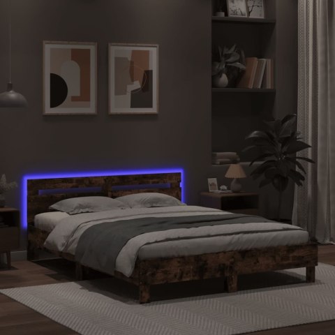 RAMA ŁÓŻKA Z WEZGŁOWIEM I LED, BRĄZOWY DĄB, 140X200 CM