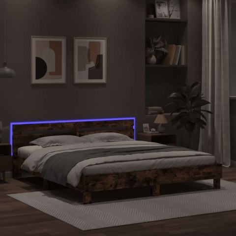 RAMA ŁÓŻKA Z WEZGŁOWIEM I LED, PRZYDYMIONY DĄB, 200X200 CM