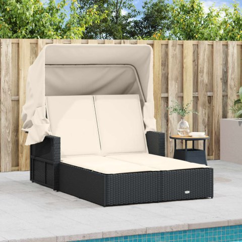 PODWÓJNA LEŻANKA Z ZADASZENIEM I PODUSZKAMI CZARNA POLIRATTAN