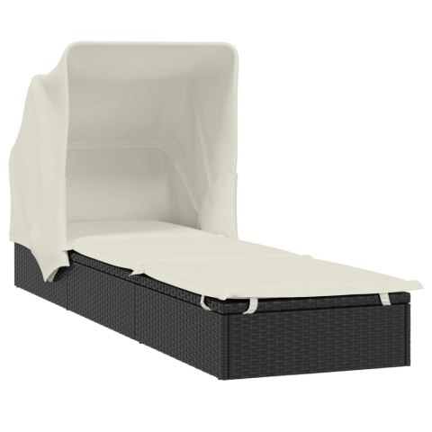 LEŻAK ZE SKŁADANYM DACHEM CZARNY 213X63X97CM POLIRATTAN