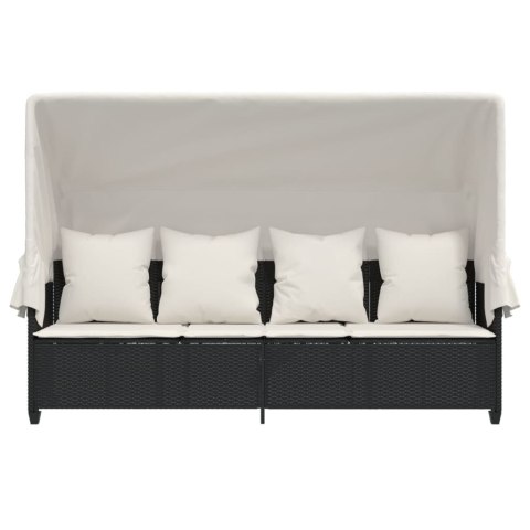 LEŻANKA OGRODOWA Z ZADASZENIEM I PODUSZKAMI CZARNA, POLIRATTAN