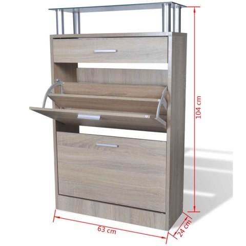 DREWNIANA SZAFKA NA BUTY Z SZUFLADĄ I SZKLANĄ PÓŁKĄ KOLOR DĘBU