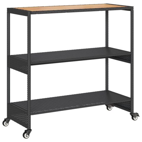 WÓZEK BAROWY 3-POZIOMOWY CZARNY POLIRATTAN I DREWNO AKACJOWE