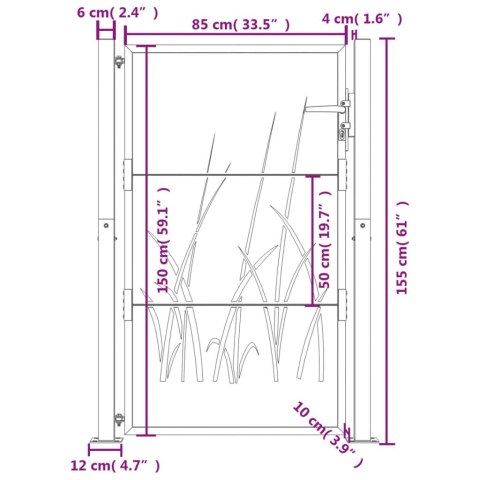 FURTKA OGRODOWA ANTRACYTOWA 105X155CM STAL MOTYW TRAWY