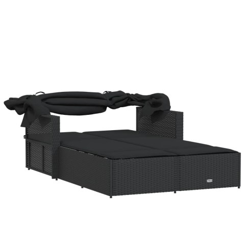 PODWÓJNA LEŻANKA OGRODOWA Z ZADASZENIEM I PODUSZKAMI CZARNA POLIRATTAN