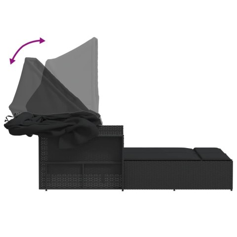 PODWÓJNA LEŻANKA OGRODOWA Z ZADASZENIEM I PODUSZKAMI CZARNA POLIRATTAN