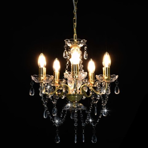 ŻYRANDOL Z KRYSZTAŁOWYMI KORALIKAMI ZŁOTY 5 ŻARÓWEK E14