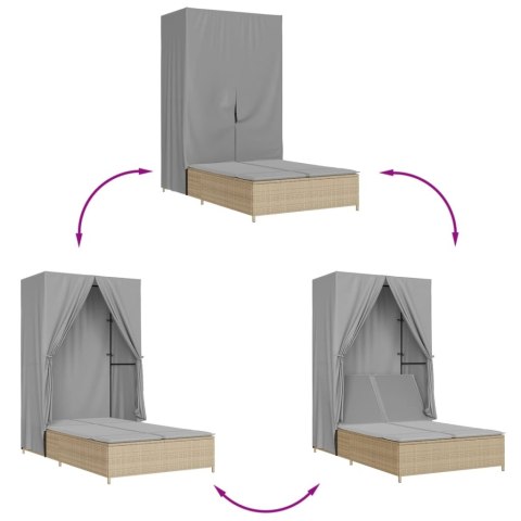 PODWÓJNA LEŻANKA Z DASZKIEM I ZASŁONAMI BEŻOWY POLIRATTAN