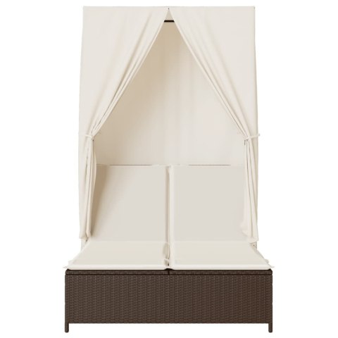 PODWÓJNA LEŻANKA Z DASZKIEM I ZASŁONAMI BRĄZOWY POLIRATTAN