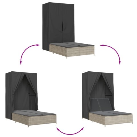 PODWÓJNA LEŻANKA Z DASZKIEM I ZASŁONAMI JASNOSZARY POLIRATTAN