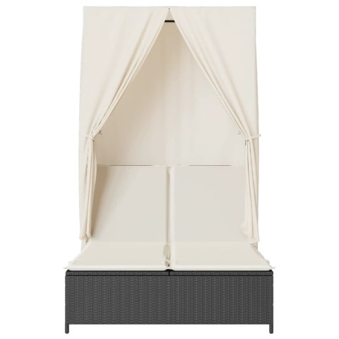 PODWÓJNA LEŻANKA Z DASZKIEM I ZASŁONAMI CZARNY POLIRATTAN