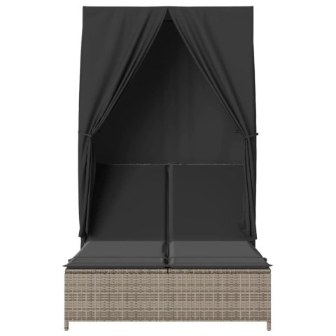 PODWÓJNA LEŻANKA Z DASZKIEM I ZASŁONAMI SZARY POLIRATTAN