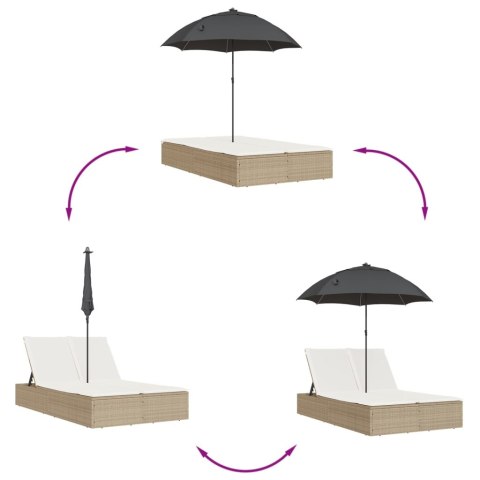 PODWÓJNA LEŻANKA Z PODUSZKAMI I PARASOLEM BEŻOWA POLIRATTAN