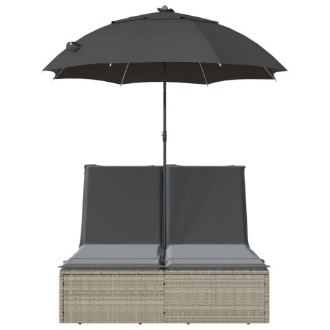 PODWÓJNA LEŻANKA Z PODUSZKAMI I PARASOLEM JASNOSZARA POLIRATTAN