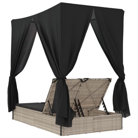 PODWÓJNA LEŻANKA Z DASZKIEM I ZASŁONAMI JASNOSZARY POLIRATTAN