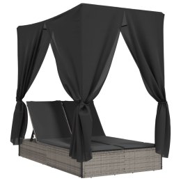 PODWÓJNA LEŻANKA Z DASZKIEM I ZASŁONAMI SZARY POLIRATTAN