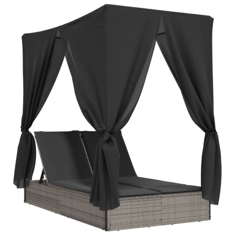 PODWÓJNA LEŻANKA Z DASZKIEM I ZASŁONAMI SZARY POLIRATTAN