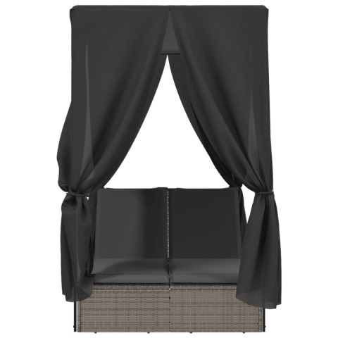 PODWÓJNA LEŻANKA Z DASZKIEM I ZASŁONAMI SZARY POLIRATTAN