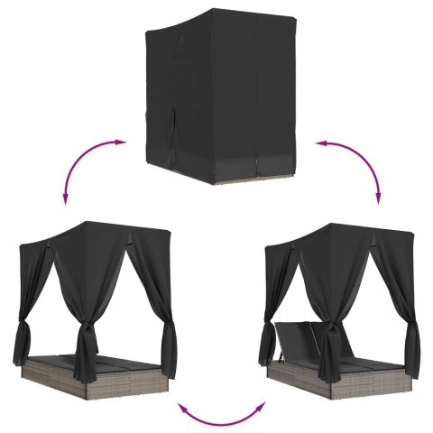 PODWÓJNA LEŻANKA Z DASZKIEM I ZASŁONAMI SZARY POLIRATTAN