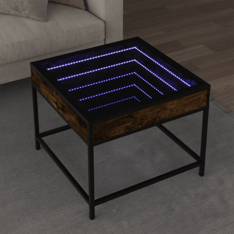 STOLIK KAWOWY Z LED INFINITY PRZYDYMIONY DĄB 50X50X41CM