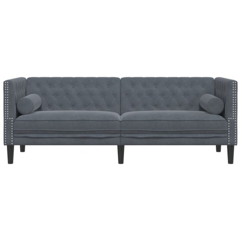 SOFA CHESTERFIELD Z WAŁKAMI TRZYOSOBOWA CIEMNOSZARA AKSAMIT