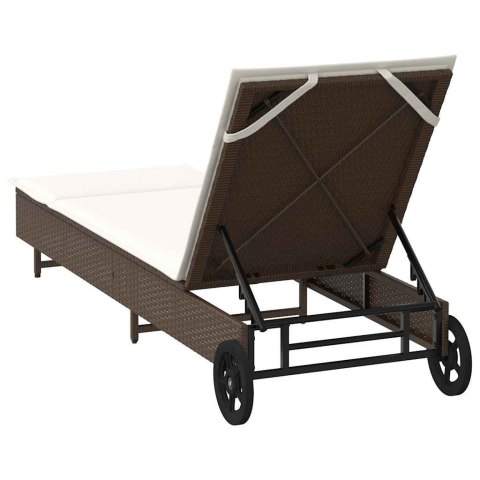 LEŻAK OGRODOWY NA KÓŁKACH Z PODUSZKĄ BRĄZOWY POLIRATTAN