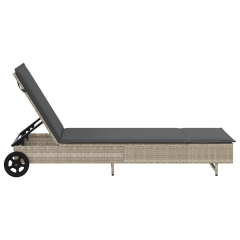 LEŻAK OGRODOWY NA KÓŁKACH Z PODUSZKĄ JASNOSZARY POLIRATTAN