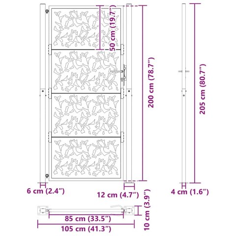 BRAMA OGRODOWA CZARNA 105X205CM STALOWY WZÓR LIŚCIA