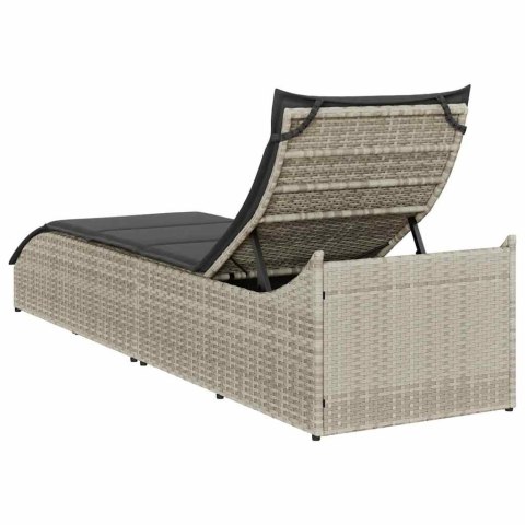 SKŁADANY LEŻAK Z PODUSZKĄ I SCHOWKIEM JASNOSZARY POLIRATTAN