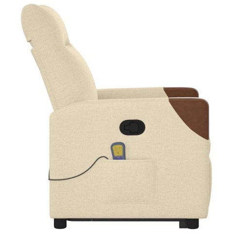 PODNOSZONY FOTEL MASUJĄCY ROZKŁADANY KREMOWY OBITY TKANINĄ