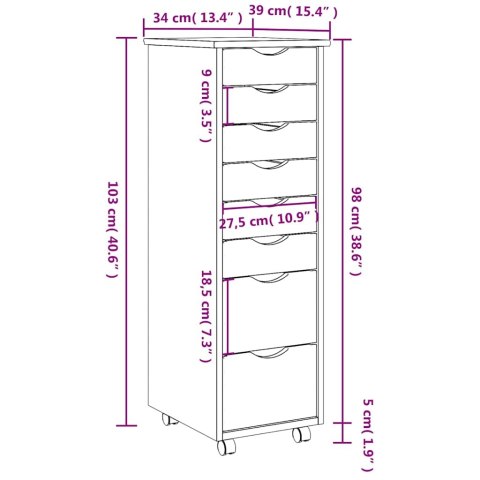 SZAFKA NA KÓŁKACH MOSS Z SZUFLADAMI MIODOWY BRĄZ SOSNA