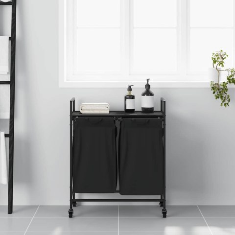 KOSZ NA PRANIE 2 PRZEGRODY Z KÓŁKAMI CZARNY DĄB