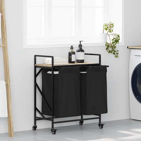 KOSZ NA PRANIE 2 PRZEGRODY Z KÓŁKAMI DĄB SONOMA