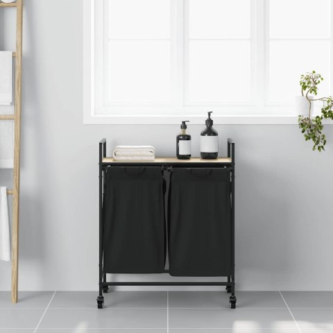 KOSZ NA PRANIE 2 PRZEGRODY Z KÓŁKAMI DĄB SONOMA