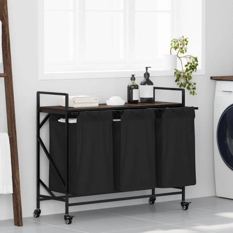 KOSZ NA PRANIE 3 PRZEGRODY Z KÓŁKAMI BRĄZOWY DĄB