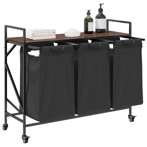 KOSZ NA PRANIE 3 PRZEGRODY Z KÓŁKAMI BRĄZOWY DĄB