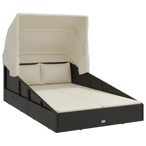 LEŻAK OGRODOWY ZE SKŁADANYM DACHEM CZARNY 200X114X128CM POLIRATTAN