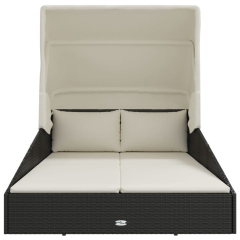 LEŻAK OGRODOWY ZE SKŁADANYM DACHEM CZARNY 200X114X128CM POLIRATTAN